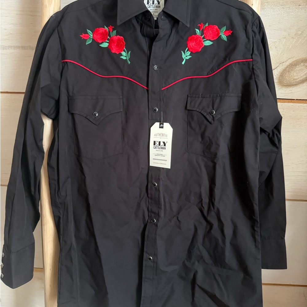 Ely Cattleman Black Western Shirt with Red Floral Embroidery